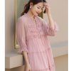 61qhrfL05wL.jpg Women's French Silk Dress,New V-Neck Half Sleeve Agaric Edge Stitching Large Swing Pink Mulberry Silk Long Skirt