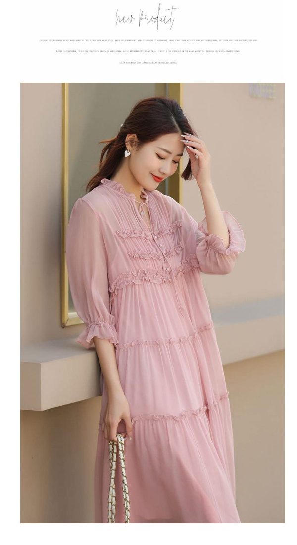 61qhrfL05wL.jpg Women's French Silk Dress,New V-Neck Half Sleeve Agaric Edge Stitching Large Swing Pink Mulberry Silk Long Skirt
