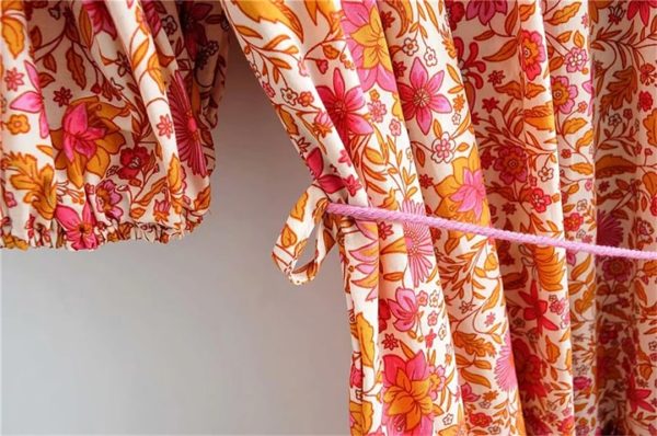 Women Drawstring Floral Print Beach Bohemian Loose Mini Dress V-Neck Half Sleeve Tassel