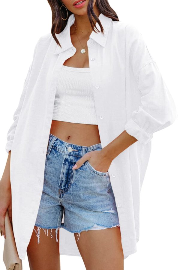 Womens Oversized Button Down Shirts Casual Loose Long Sleeve Solid Lapel Long Blouses Tops with Pockets