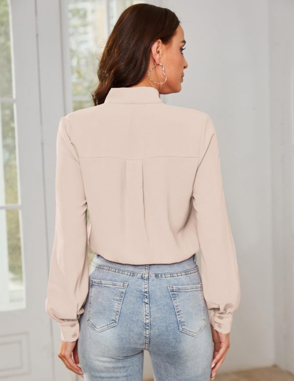 Women Bow Tie Neck Office Blouse Button Down Long Sleeve Bodysuits Blouse Top