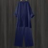Women Cotton Linen Tunic Tops Set Plus Size 2 Piece Outfit Button V Neck Rolled 3/4 Sleeve Blouses and Wide Leg Pant