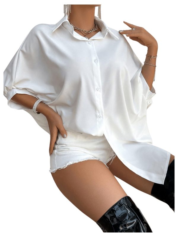 61syKZAyGOL.jpg Women's Button Down Batwing Sleeve Shirts Casual Loose Tops Solid Blouses