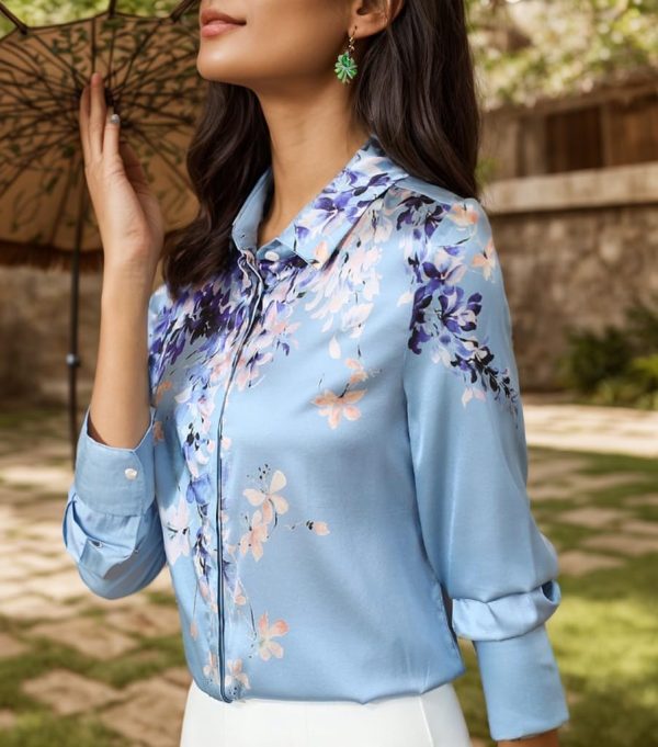 61u48Qv8ZNL.jpg Women's Printed Flowers Commercial Long Sleeved Casual Loose Lapel Button Down Shirt Blouse Tops.
