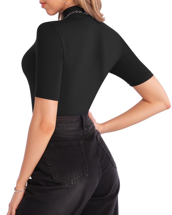 61v6b9IlhL.jpg Women's Mock Turtle Neck Slim Fit Half Elbow Short 3/4 Short Long Sleeve T Shirts Tight Tops Tee