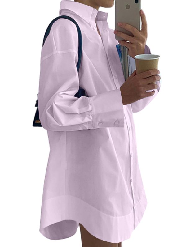 Women's Casual Shirt Dress Collar V Neck Button Down Loose Long Sleeve Mini Dresses Light Purple X-Large