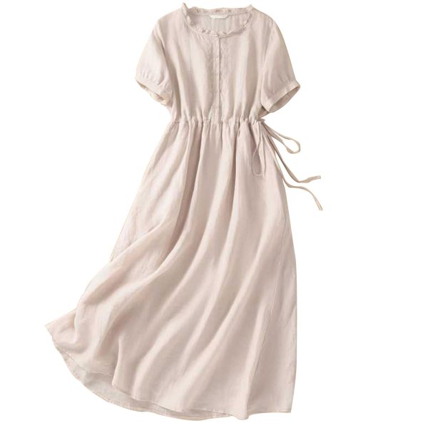 Women Cotton Linen Korean Style Fashion A-Line Dresses Summer Half Sleeve Lace-Up Waist-Defined Floral Casual Dress