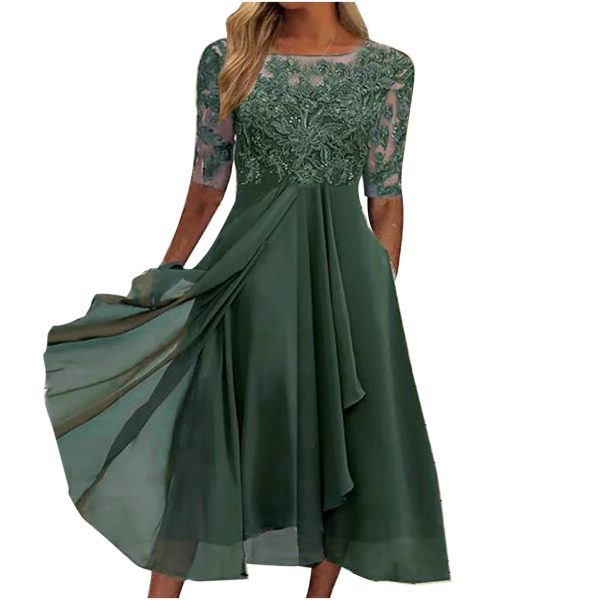 61vzU9PAwhL.jpg Women's Chiffon Lace Mesh Patchwork Empire Waist Dresses Summer Half Sleeve Pleated Fashion Flwoy A-Line Midi Dress