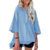 Women's Drop Shoulder 3/4 Sleeve T-Shirts Lightweight Casual Summer Sweatshirt Button Up Henley Neck Pullover Tops