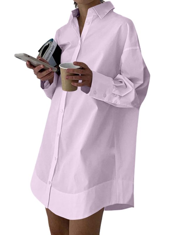 Women's Casual Shirt Dress Collar V Neck Button Down Loose Long Sleeve Mini Dresses Light Purple X-Large