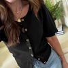 Womens Puff Short Sleeve Cardigan Lightweight Summer Button Down Shirts Knit Crew Neck Sweater Tops