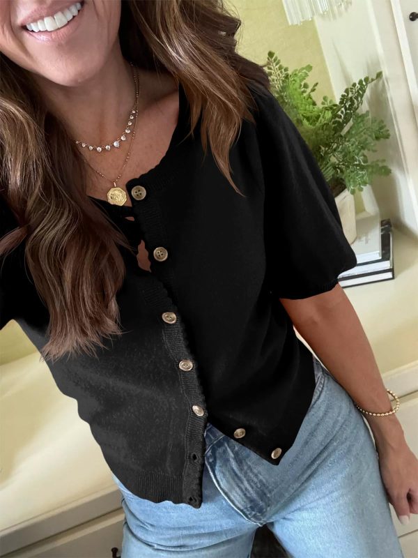 Womens Puff Short Sleeve Cardigan Lightweight Summer Button Down Shirts Knit Crew Neck Sweater Tops
