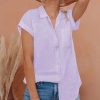 Linen Shirts for Women Button Down Shirts Short Sleeve Cotton Collared V Neck Solid Casual Blouses with Pocket