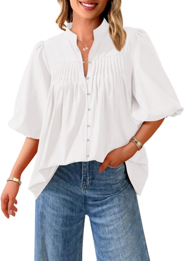 710dtV6g7cL.jpg Women's 2025 Summer Short Lantern Sleeve Tops Loose Fit Button Down Shirt Casual Pleated V Neck Blouses