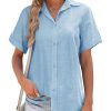 Button Down Shirt Women Cotton Short Sleeve Blouses V Neck Collared Button Up Summer Beach Tops