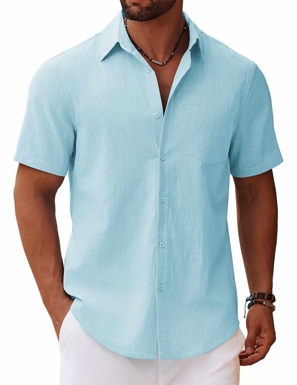 Men's Button Down Short Sleeve Shirt Casual Cotton Summer Beach Linen Wedding Shirts with Pocket