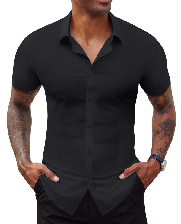 712d-ua0EL.jpg Stretch Dress Shirts for Men Short Sleeve Slim Fit Casual Button Down Shirts Muscle Fit Men's Dress Shirts