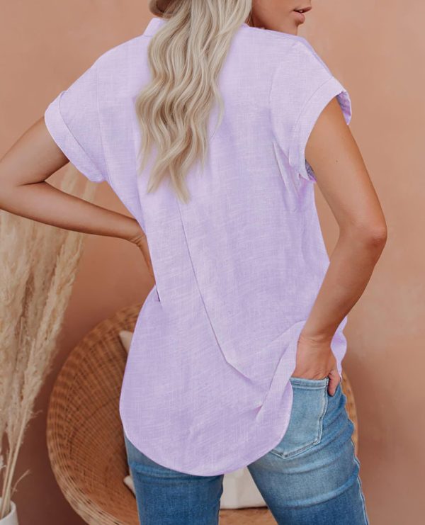 Linen Shirts for Women Button Down Shirts Short Sleeve Cotton Collared V Neck Solid Casual Blouses with Pocket