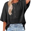 Womens Waffle Knit Tops 2025 Fashion 3/4 Sleeve Casual Button Down Shirts Crew Neck Oversized Patchwork Blouses