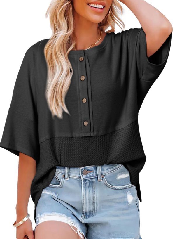 Womens Waffle Knit Tops 2025 Fashion 3/4 Sleeve Casual Button Down Shirts Crew Neck Oversized Patchwork Blouses