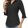 Women Button Down Shirts 3/4 Sleeve Basic Business Dress Shirt Slim Fitted Classic V Neck Button Up Work Blouse Tops