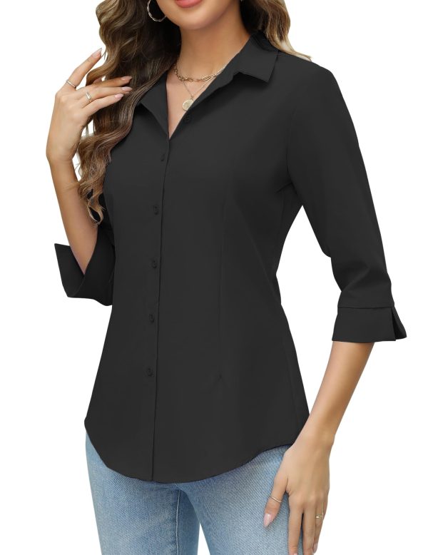 Women Button Down Shirts 3/4 Sleeve Basic Business Dress Shirt Slim Fitted Classic V Neck Button Up Work Blouse Tops