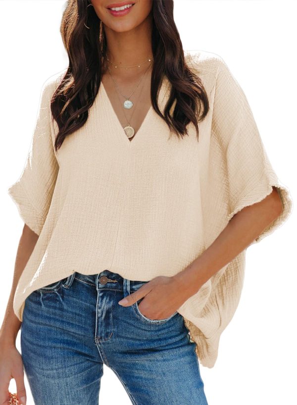 715OnlcvAGL.jpg Casual Womens Short Sleeve V Neck Shirts Oversized Solid Blouses Tops