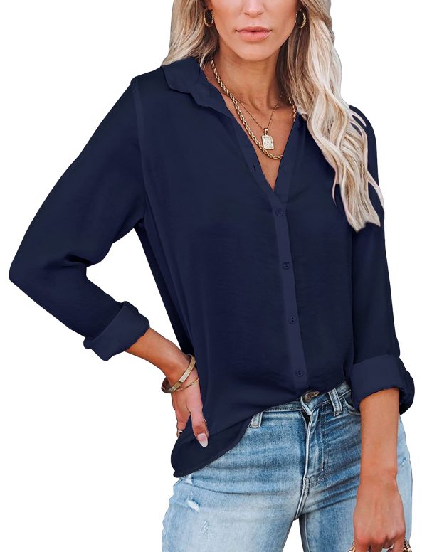 Womens Button Down V Neck Shirts Long/Short Sleeve Office Casual Business Plain Blouses Tops