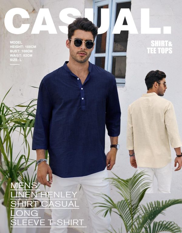 Mens Linen Shirts Casual Cotton 3/4 Sleeve Regular-Fit Henley T-Shirt Summer Lightweight Beach Yoga Tops
