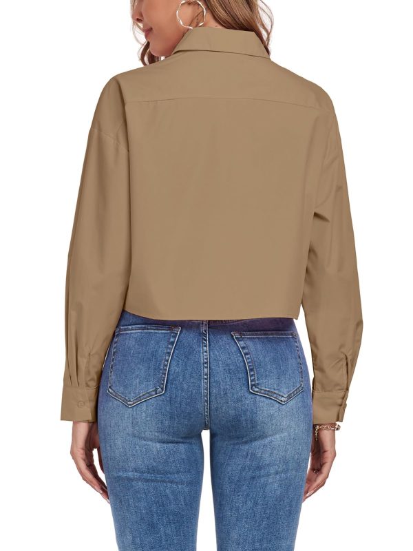 716l32QIoKL.jpg Women's Button Down Shirt Cropped Oversize Boyfriend Long Sleeve Collared Crop Loose Blouses with Pocket
