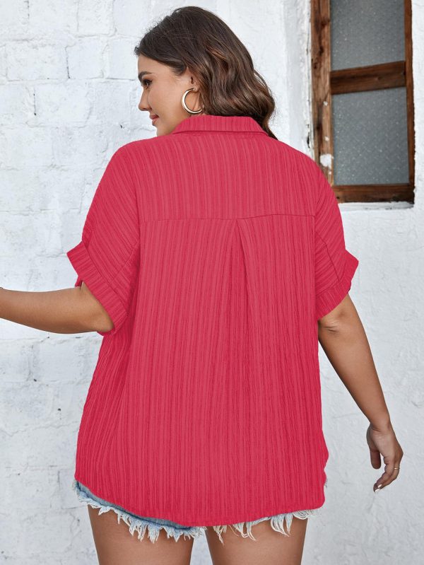 7183fJoiD4L.jpg Women Plus Size Button Down Short Sleeve Shirts Collared Textured Summer Blouse Casual Tops with Pockets