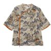 Womens Exquisite Printed Chiffon Chinese Tops Retro Ethnic Style Half Sleeve Loose Shirts Traditional Hanfu Blouse