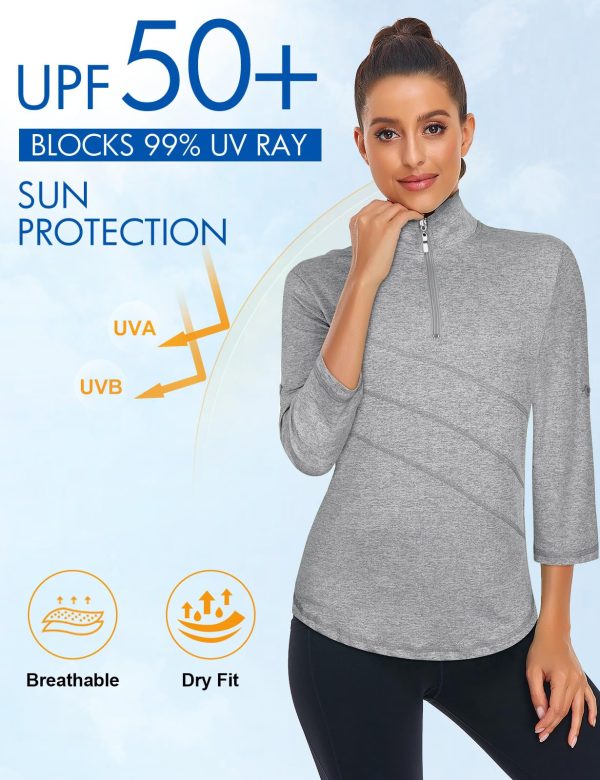 719NskIFF4L.jpg Women's 3/4 Roll Sleeve Golf Tennis Polo Shirts UPF50+ Half Zip Dry Fit Workout Tops Athletic Shirt