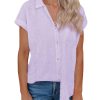 Linen Shirts for Women Button Down Shirts Short Sleeve Cotton Collared V Neck Solid Casual Blouses with Pocket