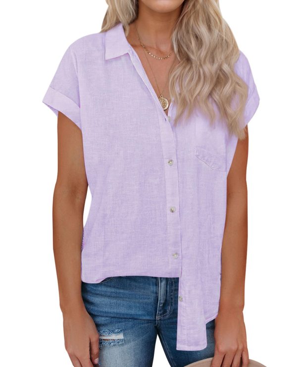 Linen Shirts for Women Button Down Shirts Short Sleeve Cotton Collared V Neck Solid Casual Blouses with Pocket