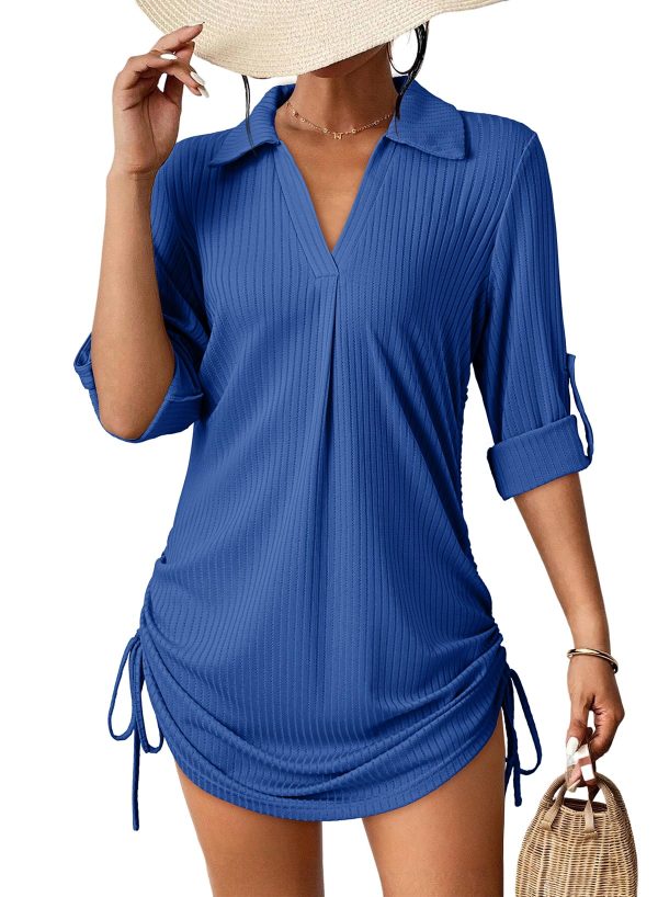 Womens Summer Beach Cover Ups Casual V Neck Long Sleeve Swimsuit Coverup Pleated Solid Drawstring Dresses Shirt