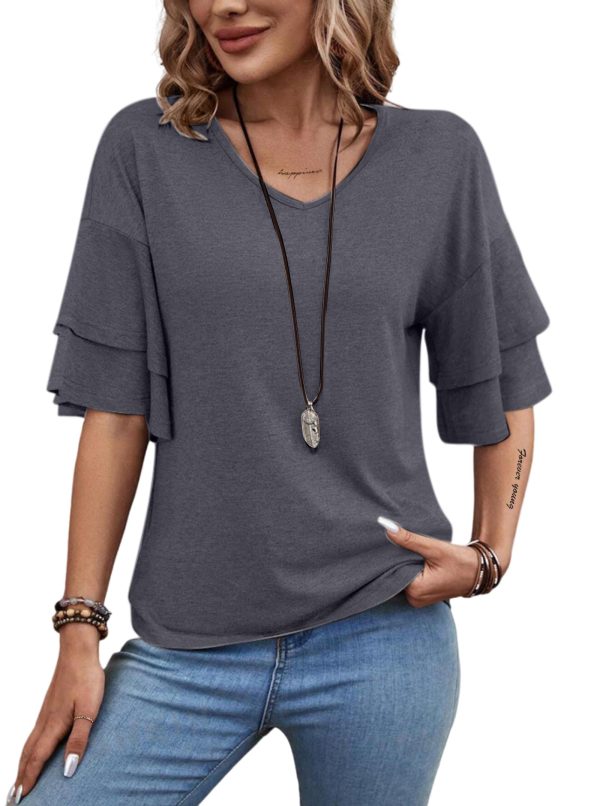 Womens Double Layer Bell Sleeve T Shirt V Neck Tee Top