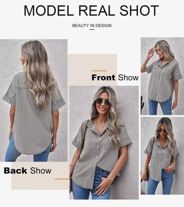 Womens Button Down Shirts V Neck Loose Casual Shirt