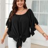 Womens Plus Size Off The Shoulder Blouse Tops Half Sleeves Tie Front Sexy Flowy Top