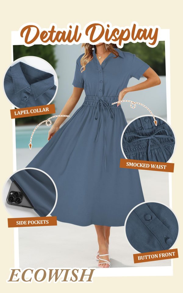 Womens Midi Dress Short Sleeve V Neck Button Front Casual Flowy A-Line Shirt Dresses with Pockets for Summer Spring