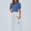 Womens Denim Shirt Business Casual Button Down Work Blouses Puff Sleeve Summer Tops