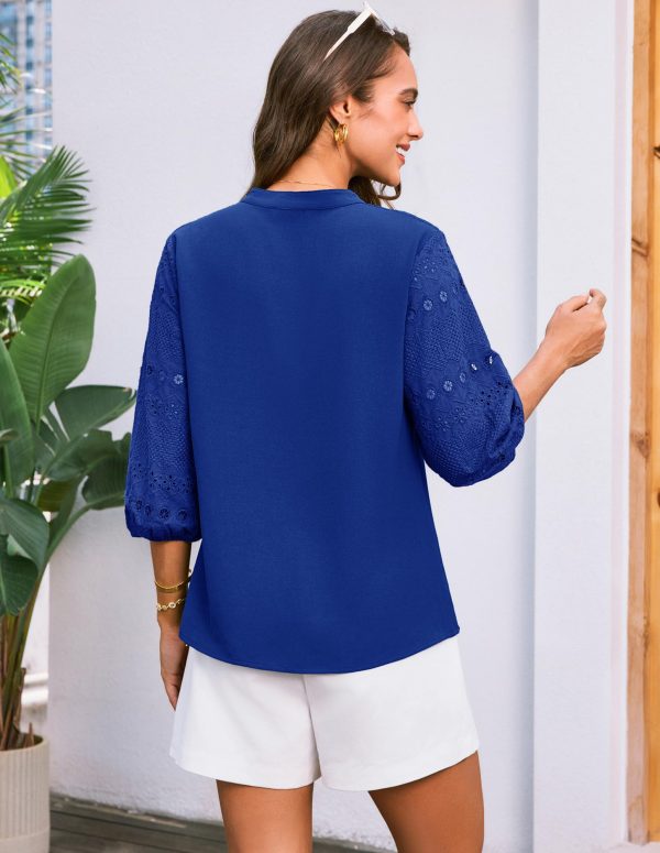 71CZZSFTREL.jpg Women's Dressy Casual Tops 3/4 Sleeve Business Work Blouses Hollow Out Embroidery Button Down Shirts