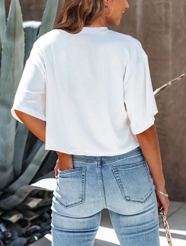 Women Half Sleeve Cropped T-Shirts Drop Shoulder Round Neck Crop Tops Casual Summer Solid Color Basic Tees