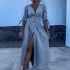 Tie Knot Half Sleeve Denim Dress Womens Deep V Neck A-Line Beach Dress 2024 Summer Button Down High Waist Jean Dress