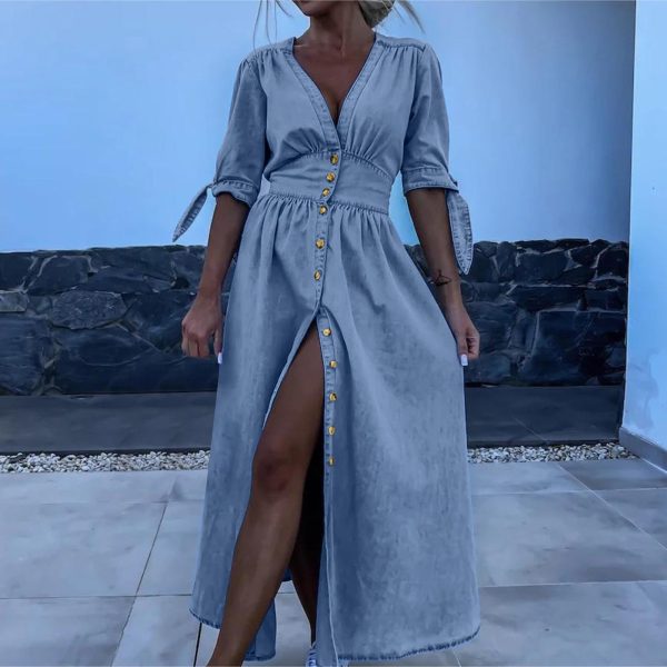 Tie Knot Half Sleeve Denim Dress Womens Deep V Neck A-Line Beach Dress 2024 Summer Button Down High Waist Jean Dress