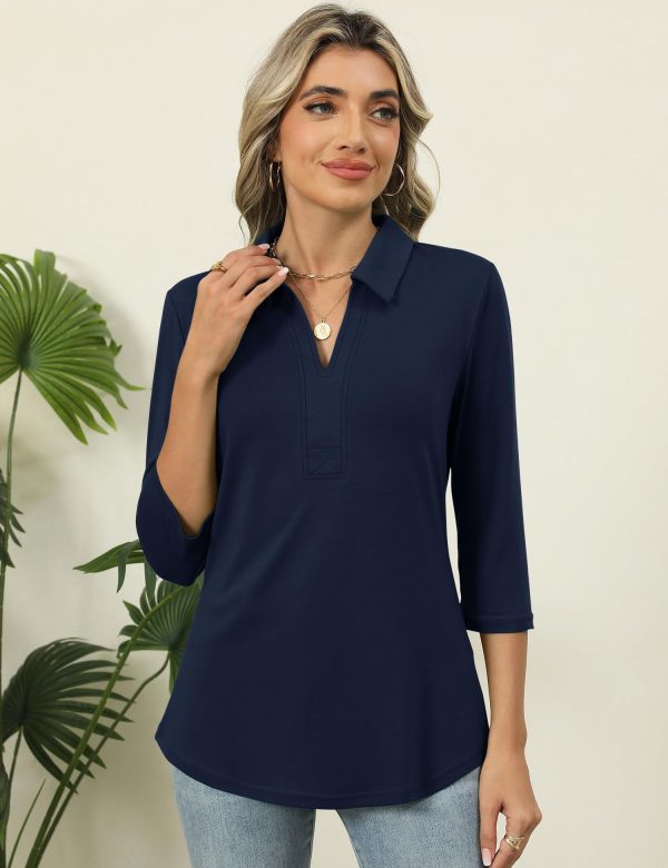 Women's 3/4 Length Sleeve V-Neck Collared Tops Summer Business Casual Work Polo Shirts 2025