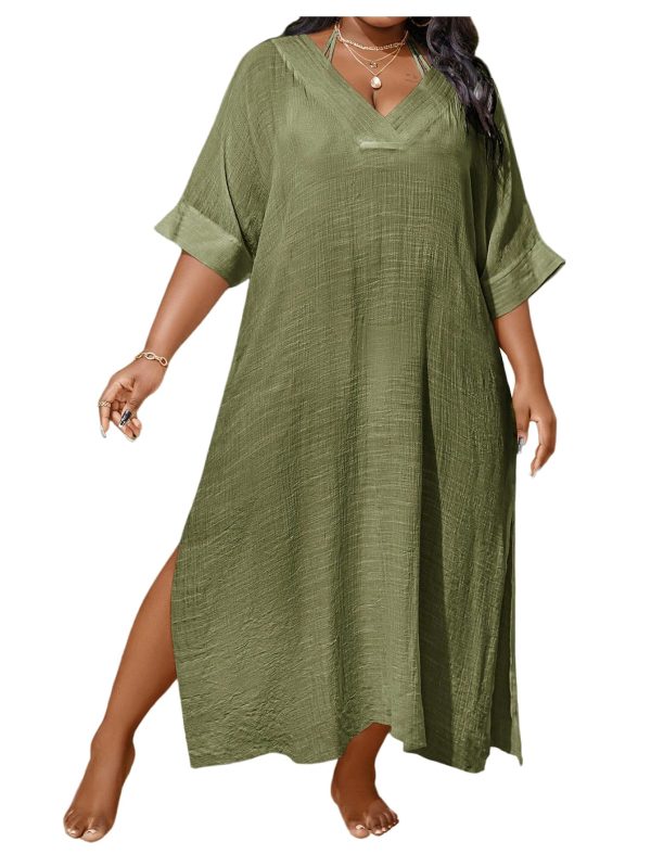 Women's Plus Size Swimwear V Neck Half Sleeve Split Side Cover Up Beach Dress