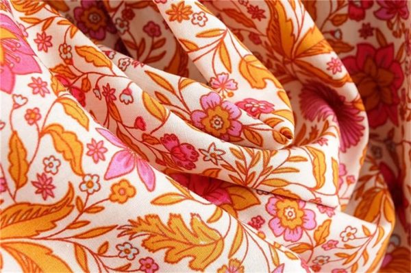 Women Drawstring Floral Print Beach Bohemian Loose Mini Dress V-Neck Half Sleeve Tassel