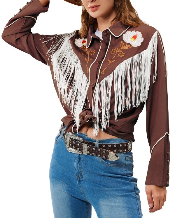Women's Floral Embroidered Fringe Western Shirts Rodeo Cowgirl Button Down Blouse Tops Country Style Outfits