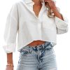 Womens Button Down Cropped Shirts Long Sleeve Casual Crop Tops Solid Lapel Blouse Shirt with Chest Pocket
